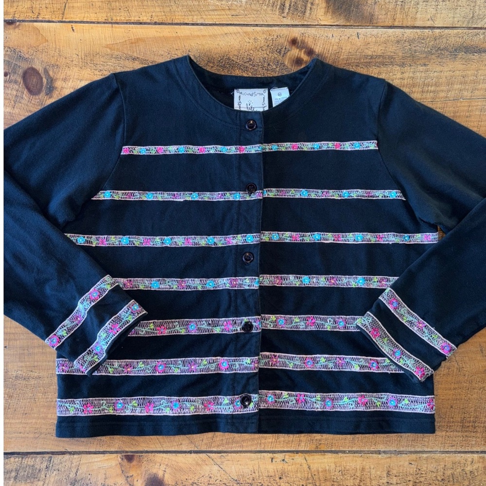 Michael Simon Lite Womens Cardigan Long Sleeve Button Down Flowers Embroidery M